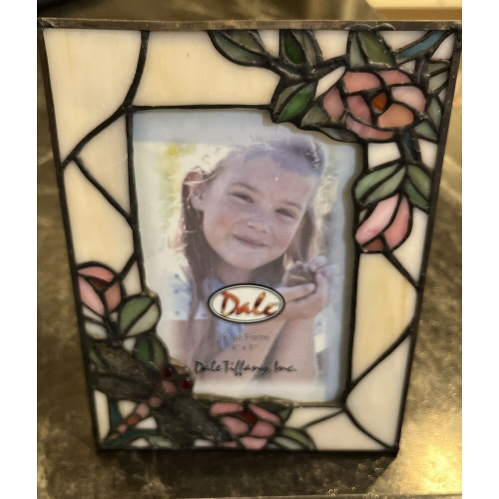 Dale Tiffany Leaded Stained Glass Photo Picture Dragonfly Floral Frame 4x6